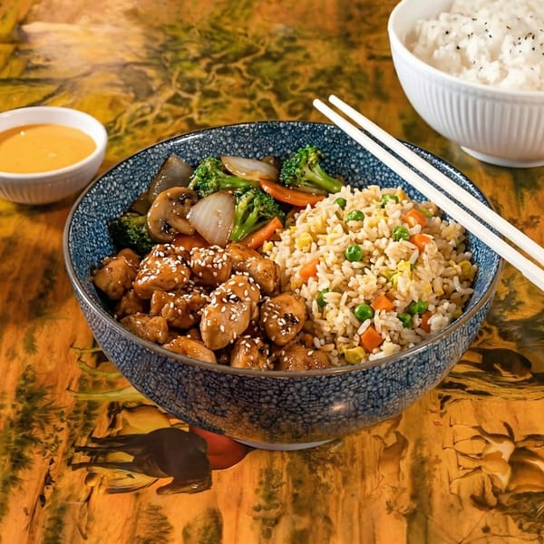 Teriyaki chicken with sesame seeds, fried rice, and stir-fried vegetables in a blue bowl.
