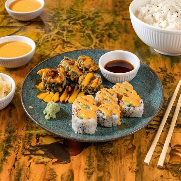 Sushi rolls, fried sushi, wasabi, and ginger on a blue plate with rice and sauces.