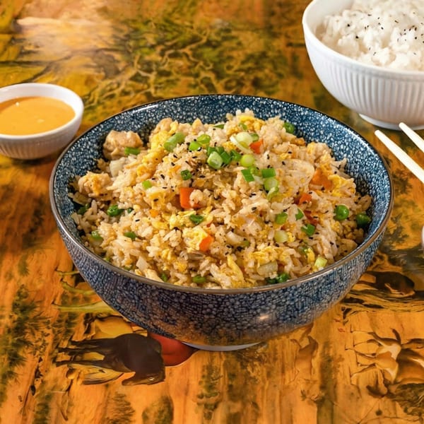 Chicken fried rice in a blue bowl, with sauce and white rice on a patterned table.