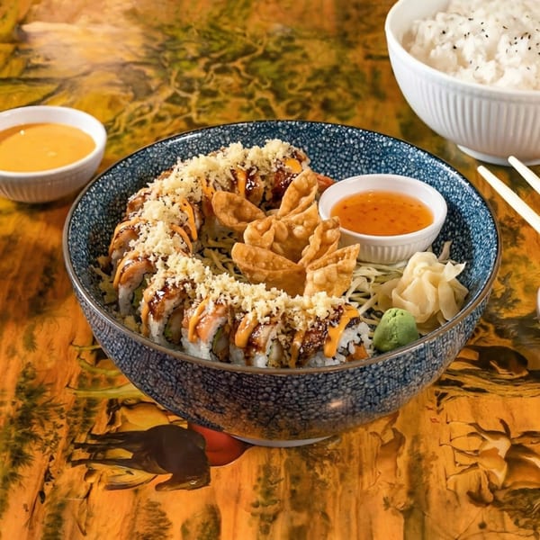 Sushi rolls with sauce and crunchy toppings, fried wontons, and sides of rice and dipping sauces.