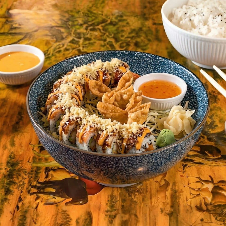 Sushi rolls with sauce and crunchy toppings, fried wontons, and sides of rice and dipping sauces.