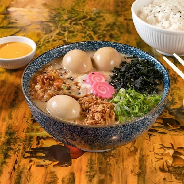 A bowl of ramen with eggs, seaweed, scallions, and pink narutomaki, with rice and sauce on the side.