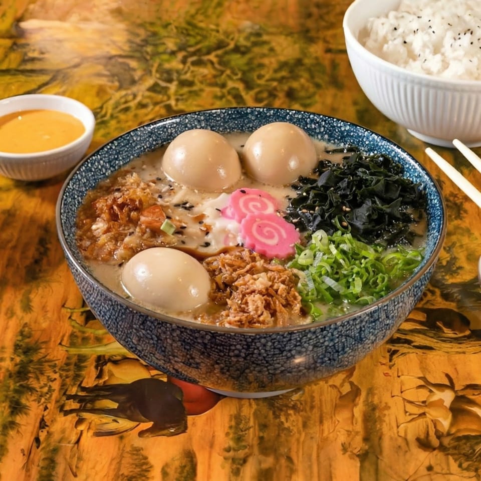A bowl of ramen with eggs, seaweed, scallions, and pink narutomaki, with rice and sauce on the side.