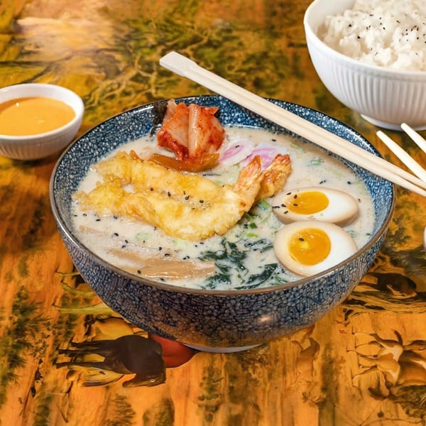 A bowl of creamy ramen with tempura shrimp, kimchi, eggs, and chopsticks, with rice and sauce.