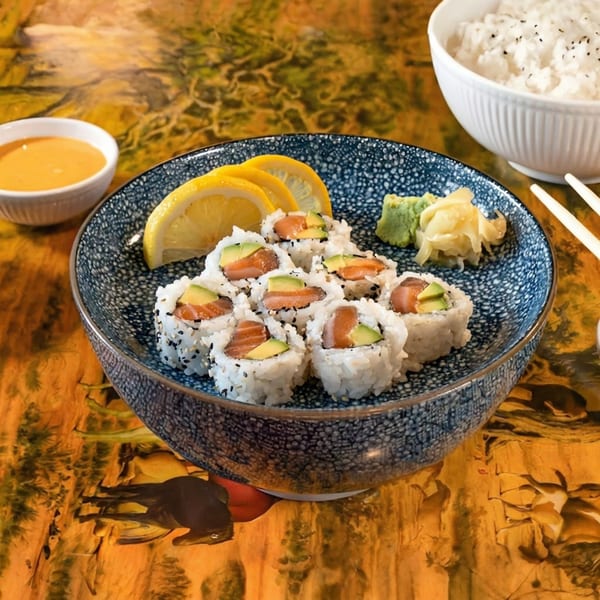 Salmon and avocado sushi rolls with lemon, wasabi, ginger, and a side of rice and sauce.